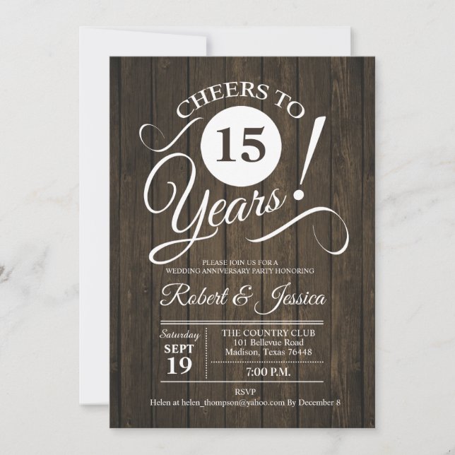 Invitación Aniversario de Bodas Rústico 15 años - Madera (Anverso)