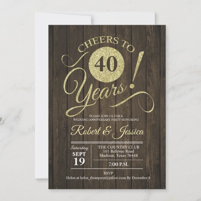 Invitación Aniversario de Bodas Rustico 40 - Madera Dorada (Anverso)