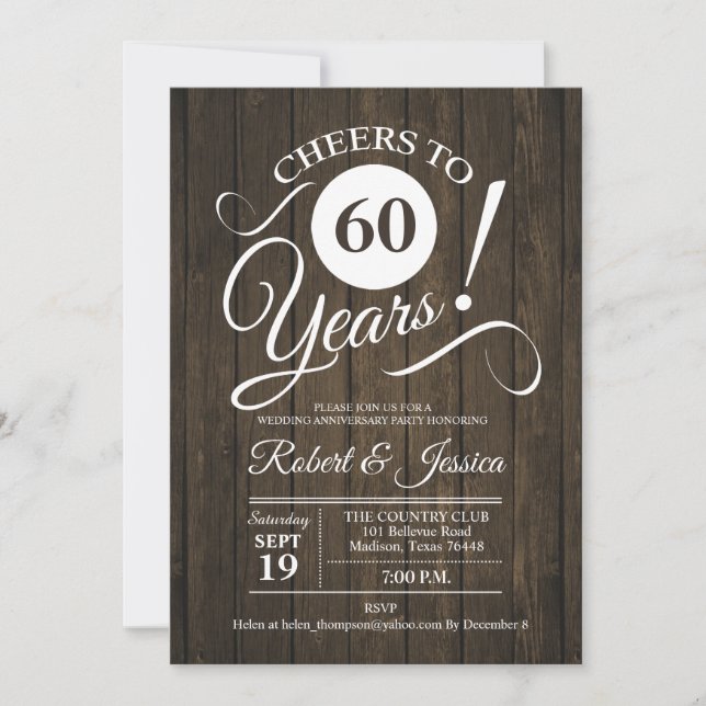 Invitación Aniversario de Bodas Rústico 60 - Madera (Anverso)