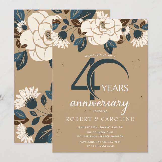 Invitación Aniversario de Bodas Rústico Floral 40 (Anverso / Reverso)