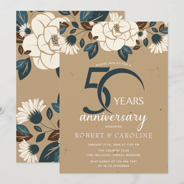 Invitación Aniversario de Bodas Rústico Floral 50 (Anverso / Reverso)