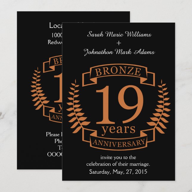 Invitación Aniversario de bodas tradicional de bronce 19 años (Anverso / Reverso)