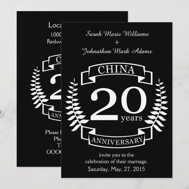 Invitación Aniversario de bodas tradicional de China 20 años (Anverso / Reverso)