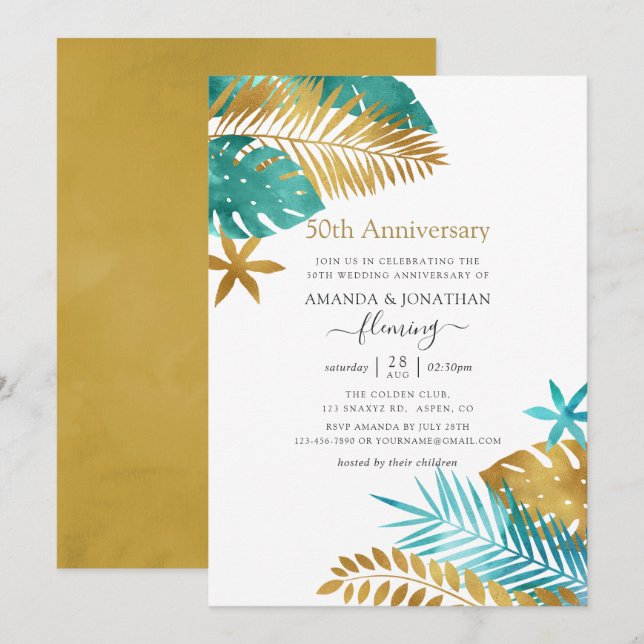 Invitación Aniversario de Bodas Tropical Turquesa y Dorado 50 (Anverso / Reverso)
