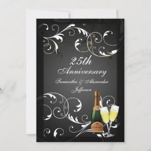 Invitación Aniversario de Champagne Plateado Blanco y Negro