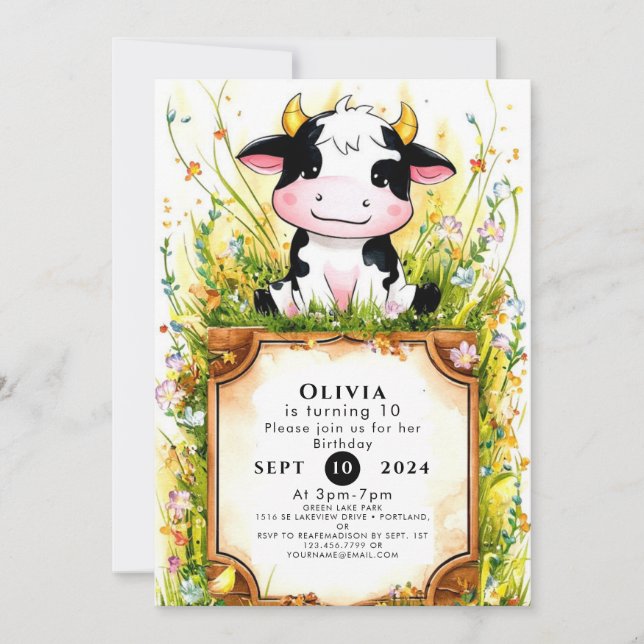 Invitación Aniversario de cumpleaños de vacas para niños extr (Anverso)
