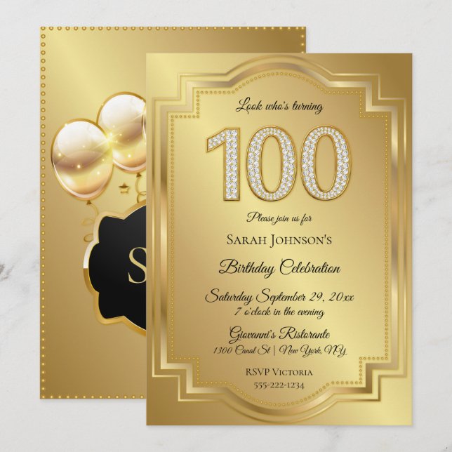 Invitación Aniversario de cumpleaños número 100 de oro y diam (Anverso / Reverso)