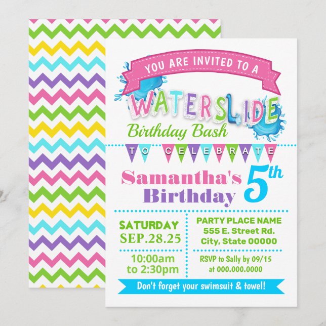 Invitación Aniversario de deslizamiento de agua fiesta rosa v (Anverso / Reverso)