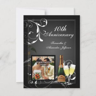 Invitación Aniversario de foto de champán plateado en blanco