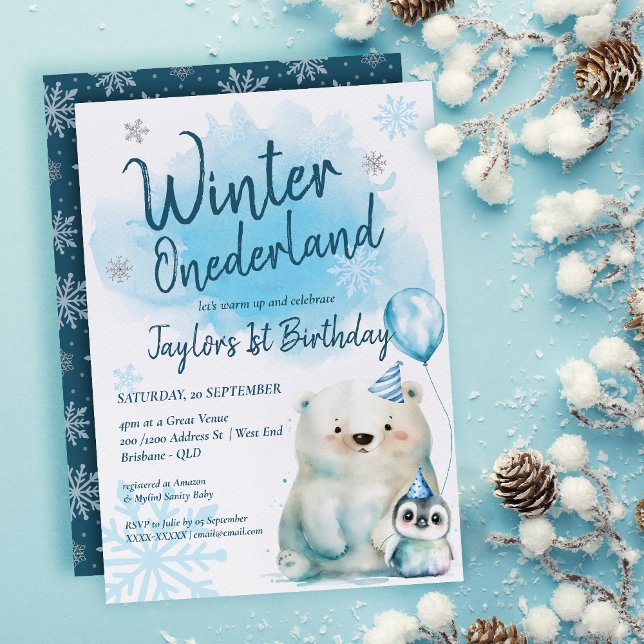 Invitación Aniversario de invierno de Onederland ( Get ready to turn up the coolness at our Winter Baby Shower with this captivating invitation! )