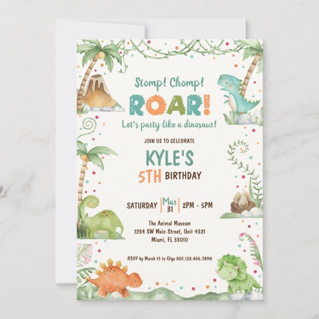 Invitación Aniversario de la acuarela de los dinosaurios (Anverso)