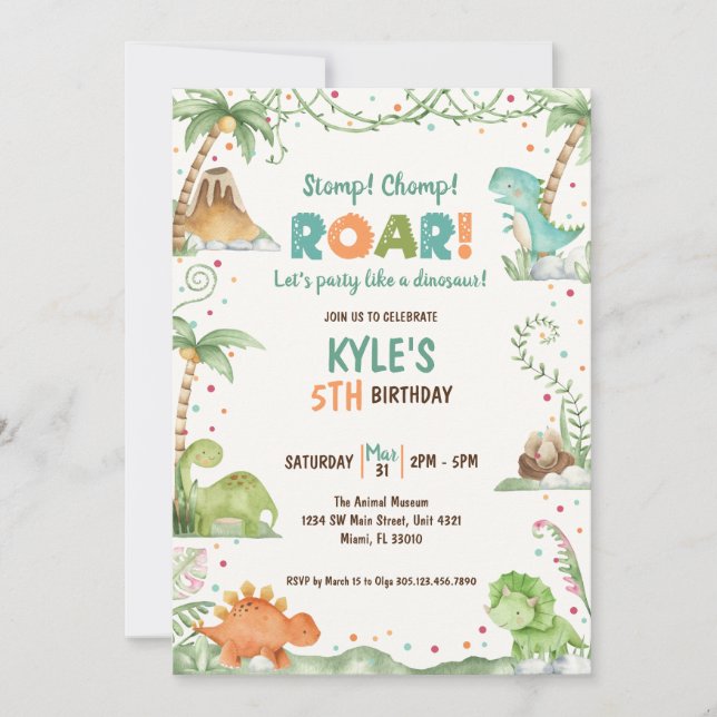 Invitación Aniversario de la acuarela de los dinosaurios (Anverso)