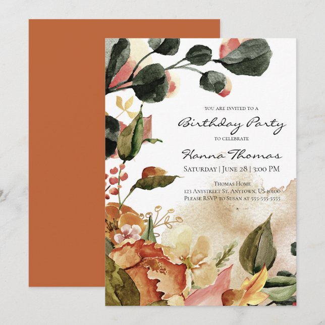 Invitación Aniversario de la acuarela floral rustica de otoño (Anverso / Reverso)