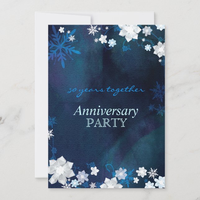 Invitación Aniversario de la boda de invierno azul con flores (Anverso)