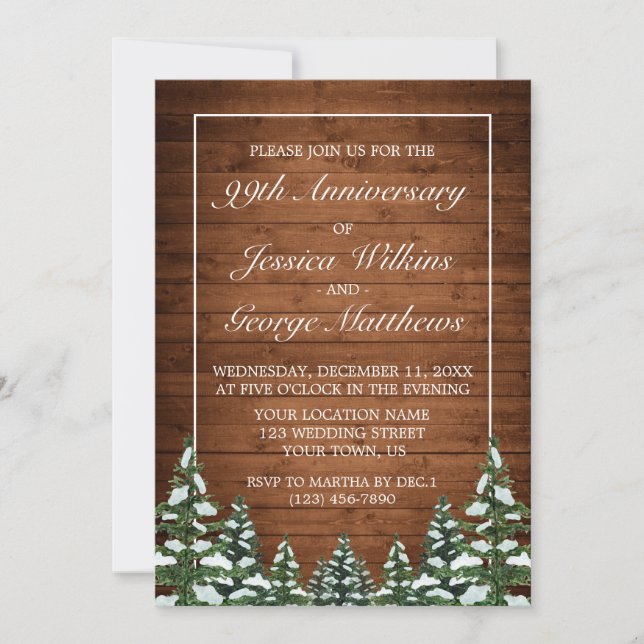 Invitación Aniversario de la Boda de Madera y Bosque de Nieve (Anverso)