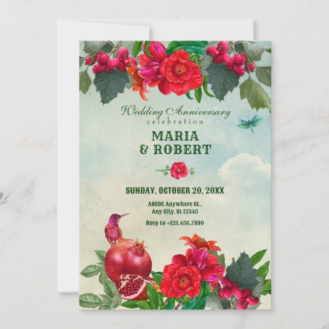 Invitación Aniversario de la boda del Viejo Retro de las Flor (Anverso)
