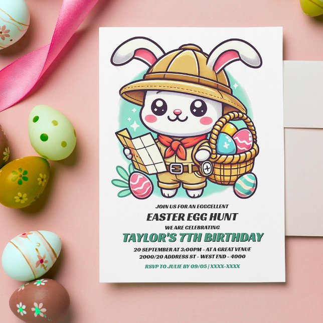 Invitación Aniversario de la cacería de huevos de Semana Sant (Invite friends and family to an eggcellent Birthday Easter egg hunt with this adorable invitation.)