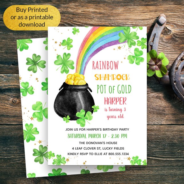 Invitación Aniversario de la cacerola de shamrock arcoiris de (Kids St Patricks Themed Birthday Invitation)