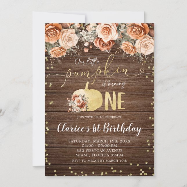 Invitación Aniversario de la Calabaza Floral de Naranja Rústi (Anverso)