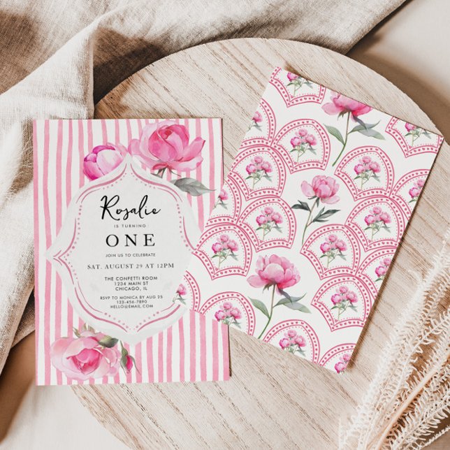 Invitación Aniversario de la Chica Abuela de Preppy Coquette (Coquette Grandmillenial Girls First Birthday Invite)