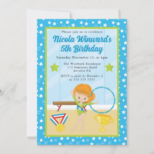 Invitación Aniversario de la Chica Gimnast Kids de Cute Red H