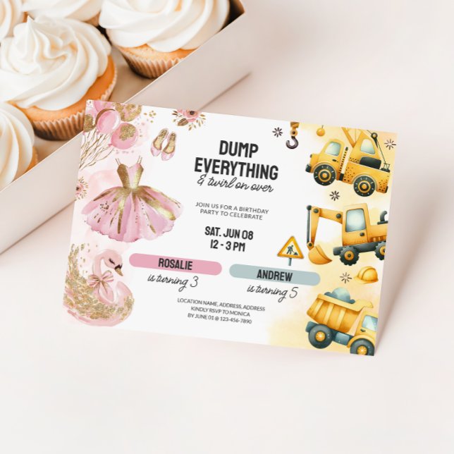 Invitación Aniversario de la Construcción Conjunta y Balerina (Joint Boy Girl Birthday Party Invite - Construction & Ballerina)