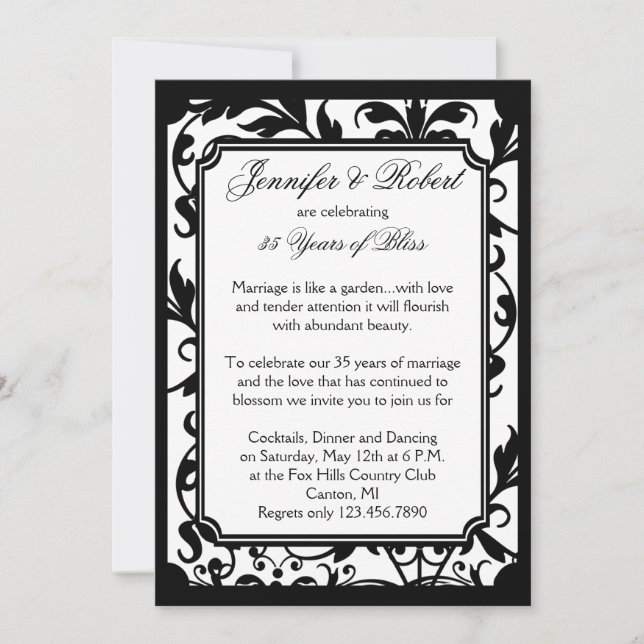 Invitación Aniversario de la Damasco Blanco y Negro de la mod (Anverso)