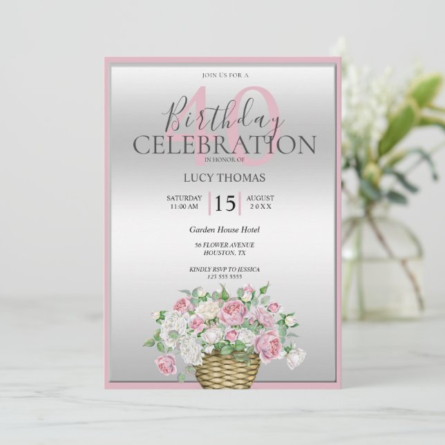 Invitación Aniversario de la Decoración de la Flor Rosa Clási (Anverso de pie)