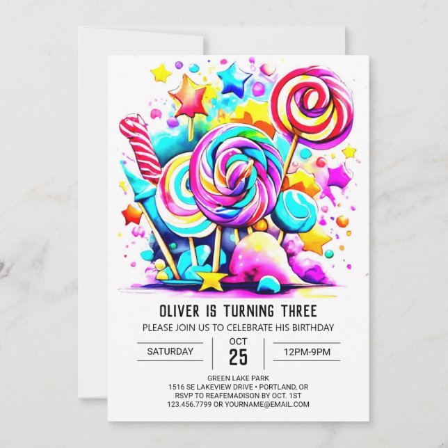 Invitación Aniversario de la dulce y dulce Lollipop (Anverso)
