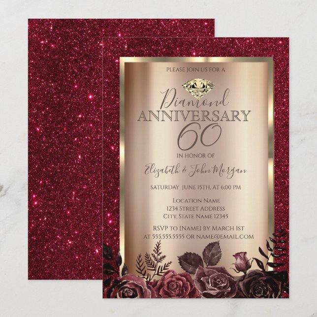 Invitación Aniversario de la elegante boda de las rosas rojas (Anverso / Reverso)