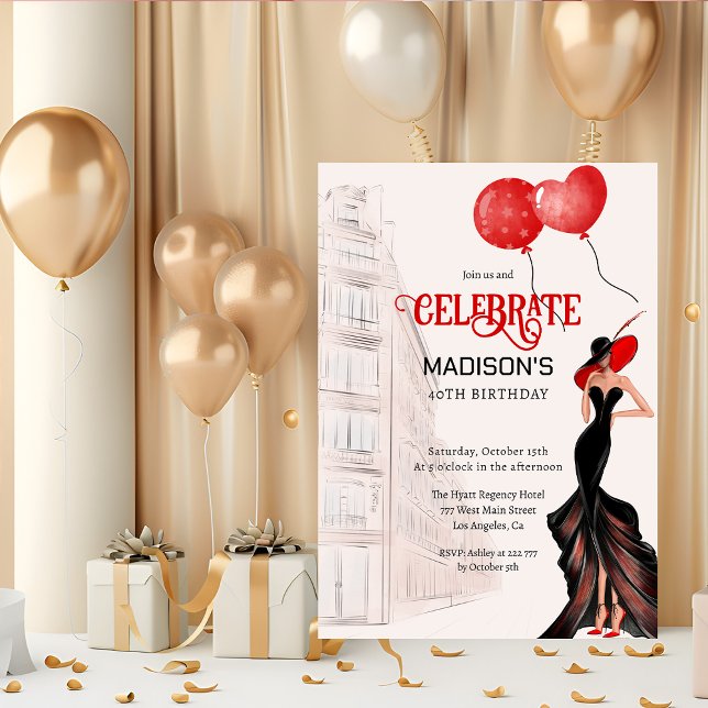 Invitación Aniversario de la Elegante Dama Y Los Globos (Subido por el creador)
