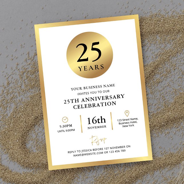 Invitación Aniversario de la empresa Elegant Gold (Elegant white and gold Business Birthday Invitation with fully editable text, perfect for your party)
