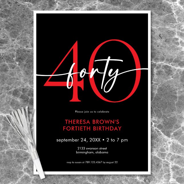 Invitación Aniversario de la escritura moderna de color rojo  (Modern Minimal Red Forty Script Birthday Invitation)
