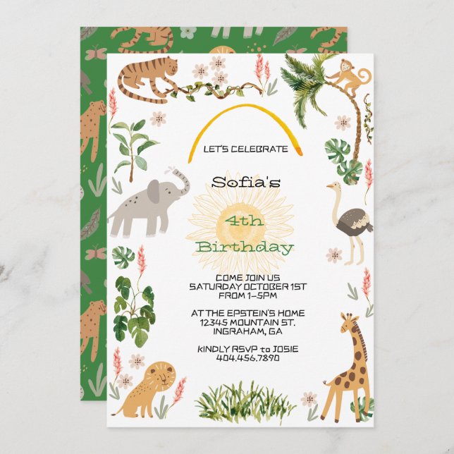 Invitación Aniversario de la fauna de la jungla (Anverso / Reverso)