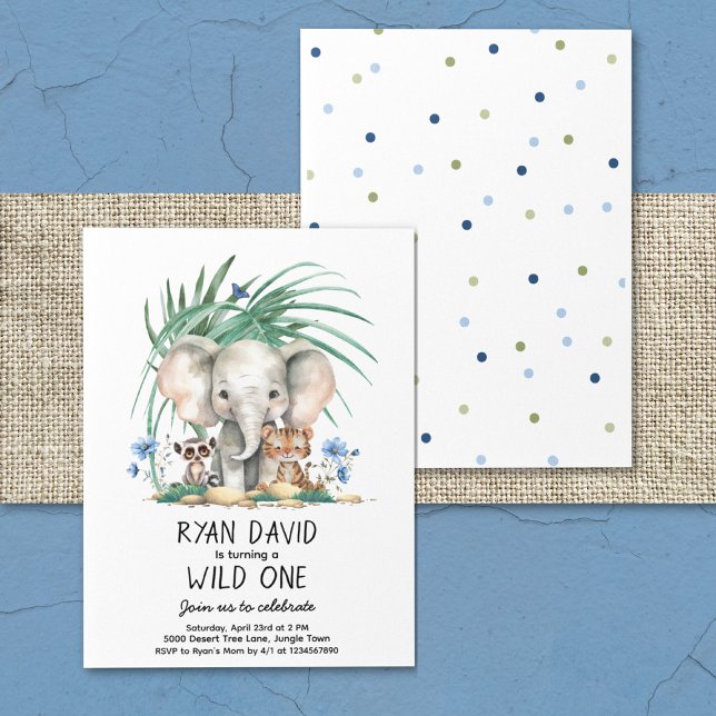 Invitación Aniversario de la fauna salvaje de una jungla (Safari Jungle Zoo Animals Watercolor Elephant Monkey Tiger Blue Flowers Tropical Greenery Wild One)