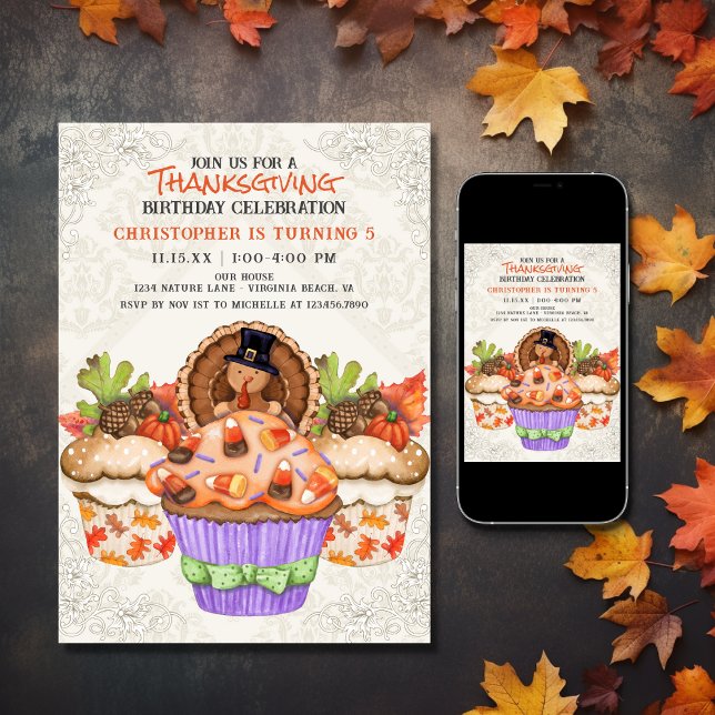 Invitación Aniversario de la fiesta de los pasteles de Acción (Printed and Digital - Cute Thanksgiving Cupcakes Holiday Birthday Invitation)