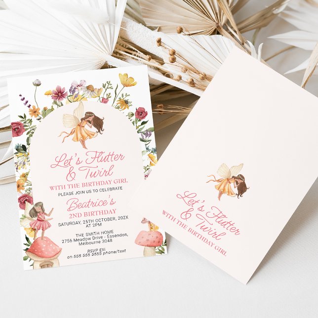 Invitación Aniversario de la flauta de flor silvestre moderna (Modern Wildflowers Arch Fairies Birthday Invitation, Lets Flutter and Twirl Fairy Invitation, )