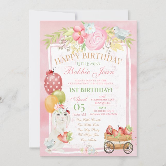Invitación Aniversario de la flor de fresa de conejo rosa (Anverso)