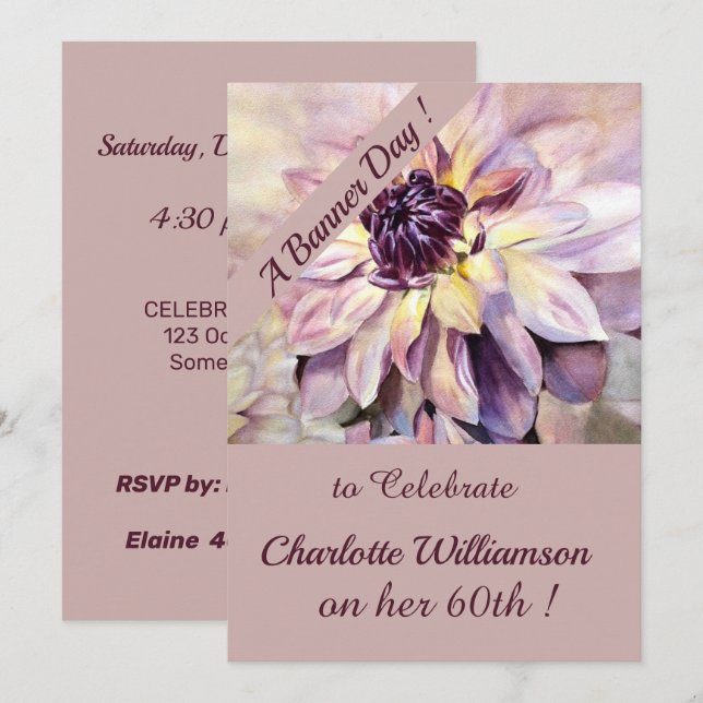 Invitación Aniversario de la floral de la acuarela malva y mo (Anverso / Reverso)