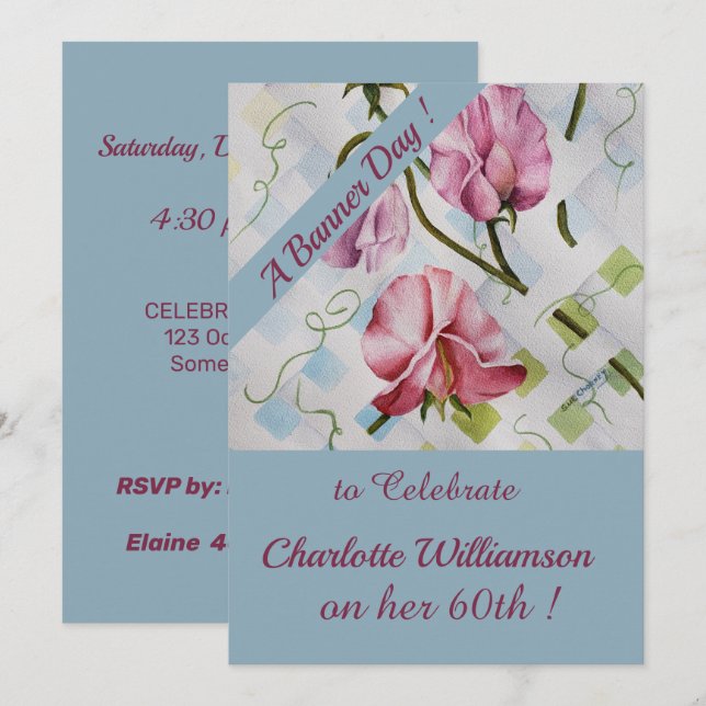 Invitación Aniversario de la floral de la acuarela malva y ro (Anverso / Reverso)