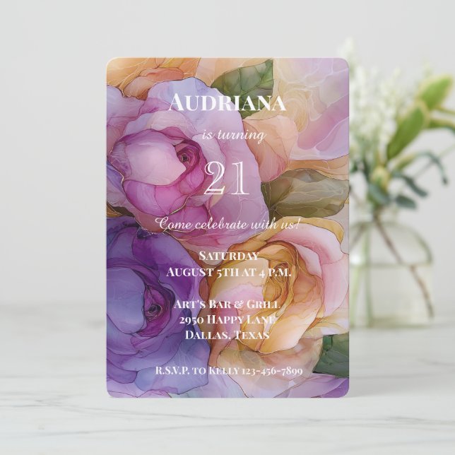 Invitación Aniversario de la floral de oro morado rosado de b (Anverso de pie)