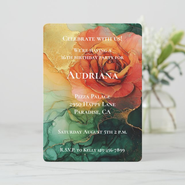 Invitación Aniversario de la floral de oro verde amarillo nar (Anverso de pie)