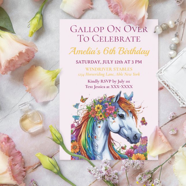 Invitación Aniversario de la floral ecuestre de la esplendide (Whimsical Floral Horse Birthday Invitation)