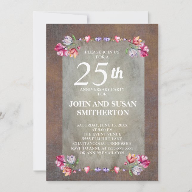 Invitación Aniversario de la floral Rustic Brown Pink Purple  (Anverso)