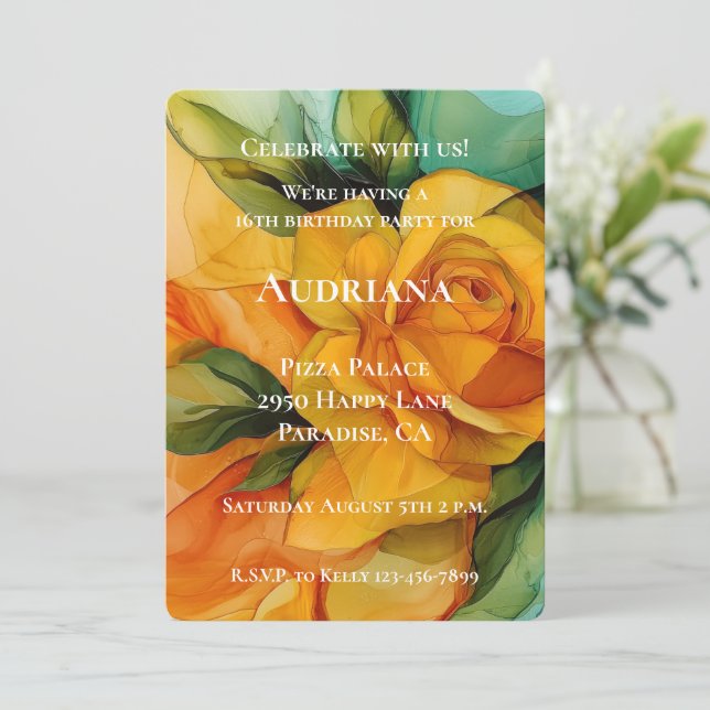 Invitación Aniversario de la floral verde amarillo Rosa (Anverso de pie)