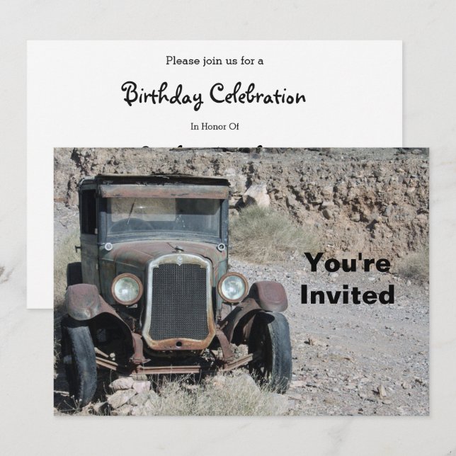 Invitación Aniversario de la foto de un auto desmontado en un (Anverso / Reverso)