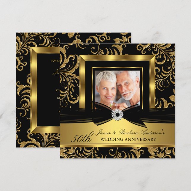 Invitación Aniversario de la foto del 50° Boda de Black Gold  (Anverso / Reverso)