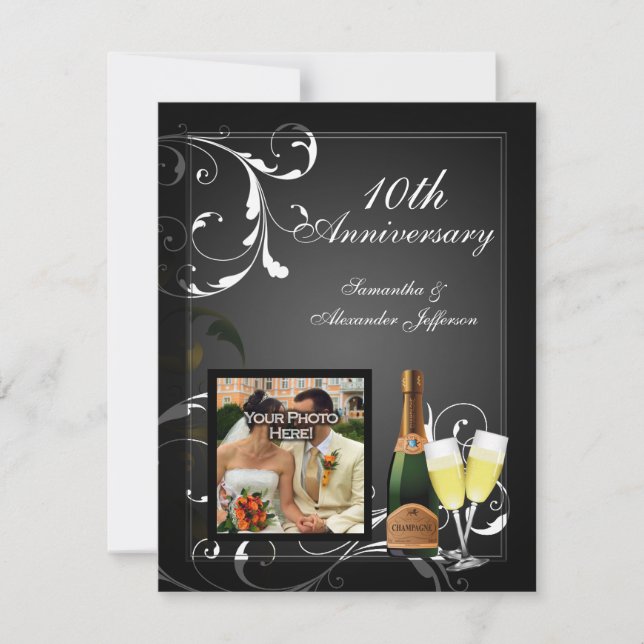 Invitación Aniversario de la foto del champagne de plata blan (Anverso)