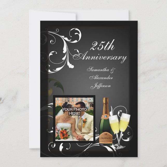 Invitación Aniversario de la foto del champagne de plata blan (Anverso)