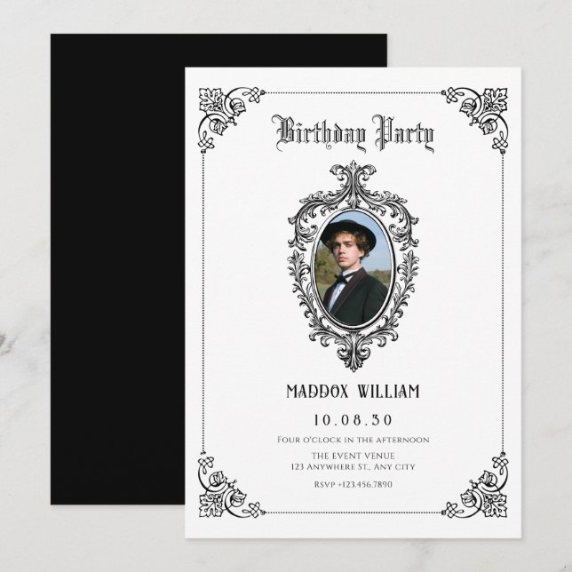 Invitación Aniversario de la foto gótica del Clásico Negro y  (Anverso / Reverso)